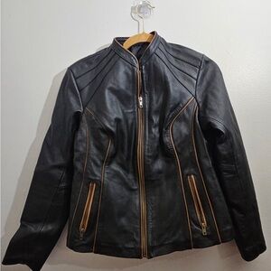 Stylish Black Leather Kids Jacket with Tan Piping